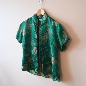 90's Vintage style Whitby Emerald Green Chinese Mandarin Collar Top 36 XS